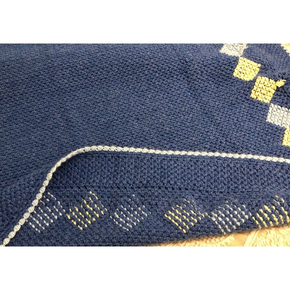 Handmade Blue Crochet Throw Blanket Afghan W/Diamond Shapes Around Edge 46X44 - Picture 4 of 5